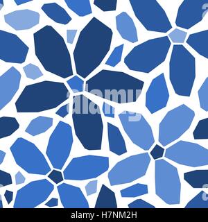 Nahtlose wiederholendes Muster mit geometrischen und floralen Formen in verschiedenen Schattierungen von blau auf weißem Hintergrund. Stock Vektor
