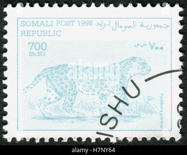 SOMALIA - ca. 1998: Eine Briefmarke gedruckt in Somalia, zeigt das Tier Leopard (Panthera Pardus), ca. 1998 Stockfoto