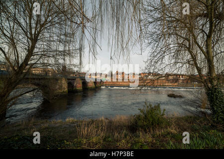 Chester, UK. 26. Januar 2016. Weidenruten Rahmen einen Blick auf die alte Dee Brücke genommen von der Bank des Flusses Dee Stockfoto