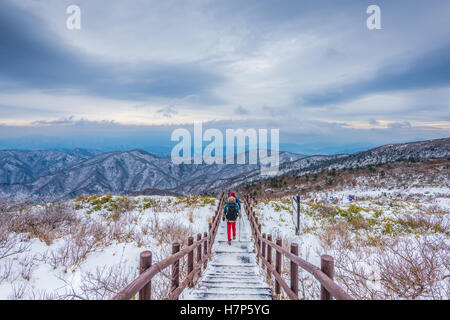 Wanderer im Winterberge, Winter Landschaft weißen Schnee des Berges in Korea Stockfoto