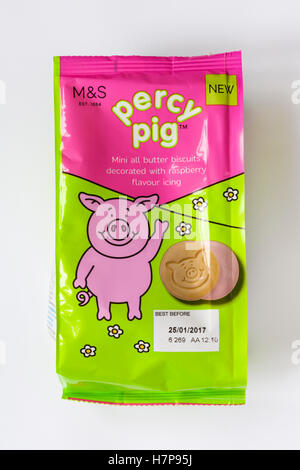 Paket M & S Percy Schwein Mini alle Kekse verziert mit Himbeer Geschmack Zuckerguss isoliert auf weißem Hintergrund Butter Stockfoto