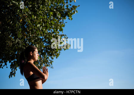 Schöne Frau, die Durchführung von Yoga im Garten Stockfoto