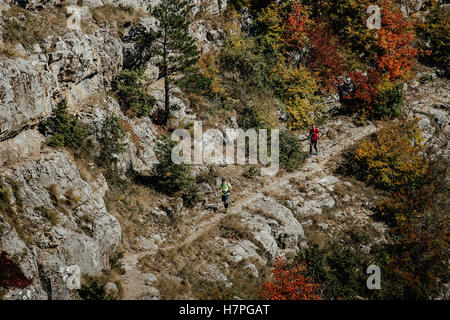 zwei Männer Skyrunner mit walking-Stöcken gehen auf einem Pfad durch den herbstlichen Wald während Crimea Bergmarathon Stockfoto