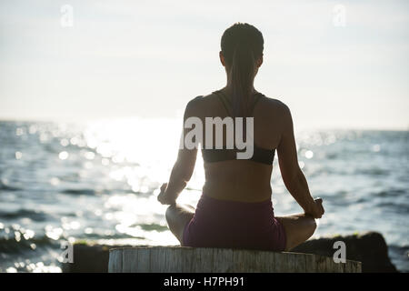 Rückansicht der Frau, die Durchführung von Yoga auf Treibholz Stockfoto