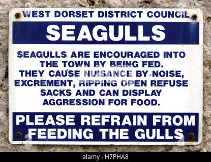 Schild Warnung vor der Gefahr der Fütterung Möwen bei Swanage, Dorset, England, UK. Stockfoto