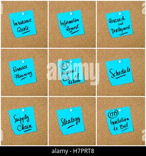 Collage of Business Acronyms written on blue paper note pinned on cork board with white thumbtack, copy space available Stockfoto