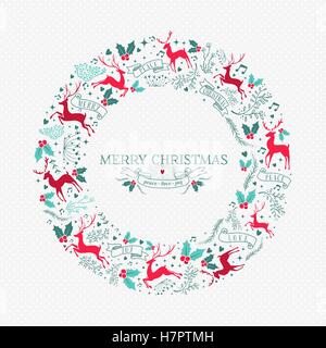 Frohe Weihnachten Kranz Abbildung mit Vintage Rentier Dekoration und Urlaub Ornament Symbole in festlichen Farben. EPS10 Vektor. Stock Vektor