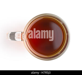 Tee im Glastasse isoliert auf weißem Hintergrund. Ansicht von oben. Stockfoto