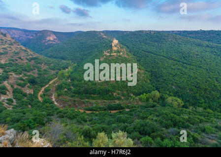 Blick auf die Nahal Kziv (Kziv Bach) und Schloss Montfort, eine zerstörte Kreuzritterburg im oberen Galiläa im Norden I Stockfoto