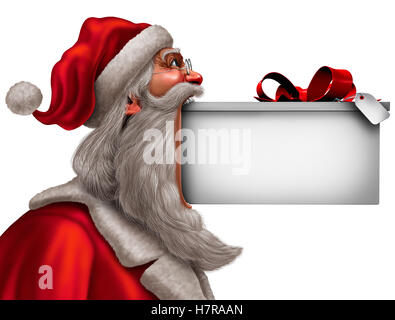 Weihnachten lustigen Zeichen als Weihnachtsmann mit einem großen Geschenk in den Mund mit leeren textfreiraum als Winter Feier Nachricht Symbol mit 3D Abbildung Elemente. Stockfoto