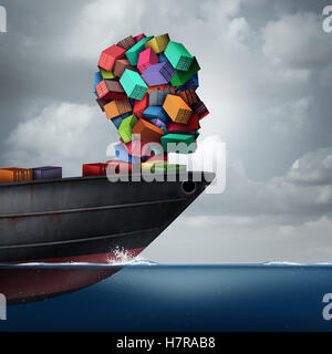 Liefer-Cargo-Konzept als ein weltweiten Container-Tanker Schiff Transport von Fracht in Form eines menschlichen Kopfes als Transport und Handel Metapher mit 3D Abbildung Elemente. Stockfoto