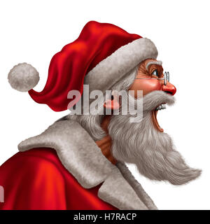 Santa Claus lachen oder schreien als Winter festliche Weihnachten Zeit Nachricht Konzept mit einem Mann in einem roten Anzug tragen einen Bart, seine Gefühle mit 3D Abbildung Elemente auf einem weißen Hintergrund. Stockfoto