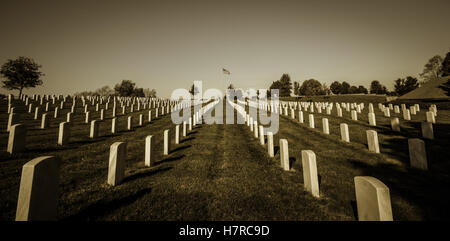 US-Veteranen Friedhof mit amerikanischen Flagge. Zeilen der Soldatengräber mit einer amerikanischen Flagge am Horizont im Camp Nelson. Stockfoto