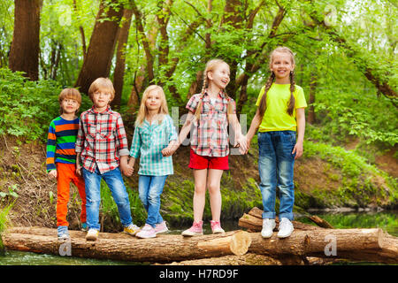 Fünf Freunde stehen Hand in Hand auf Log-Brücke Stockfoto