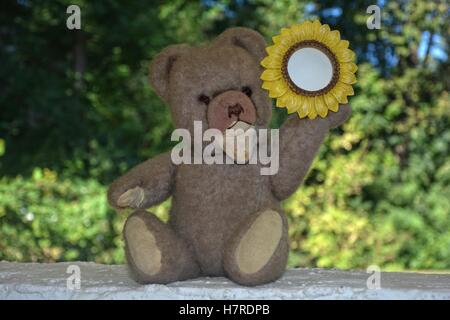 Teddybär sitzt auf einer weißen Wand vor grünen Hintergrund und Sonnenblumen Rahmen in der hand hält Stockfoto