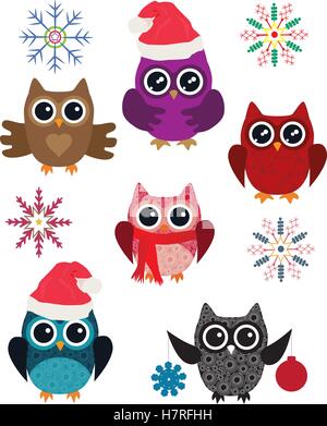 Vektor-Illustration set lustig Eule, Weihnachten und Silvester-Thema Stock Vektor