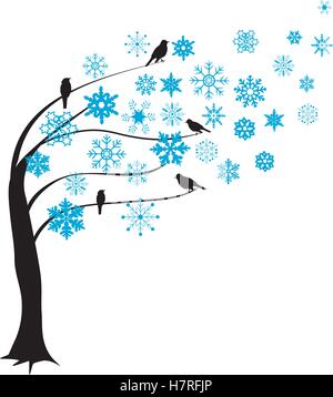 Vektor-Illustration eines Baumes mit Schneeflocken und Vogel-Silhouetten Stock Vektor