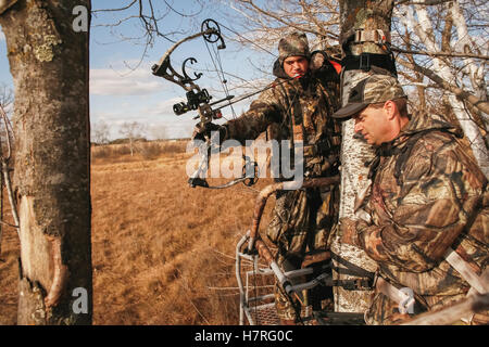 Sohn Vater Trainer auf Bogenjagd In Deerstand Stockfoto