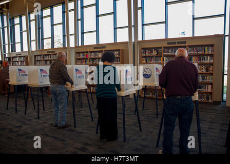 Topeka, Kansas, USA. 8. November 2016. Leute Linie bis an den Ständen der Stimmzettel in den örtlichen Wahllokal an der Washburn Rural High School in einem Vorort Topeka, Kansas, Topeka, Kansas, USA, 8. November 2016 Credit: mark Reinstein/Alamy Live-Nachrichten Stockfoto