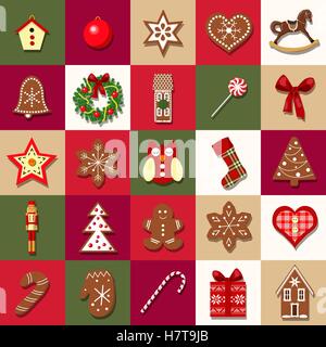 Weihnachten-Adventskalender mit unterschiedlichen Objekten. Weihnachtsbaum Dekoration. Satz von Weihnachts-Icons. Vektor-Illustration. Für po Stock Vektor