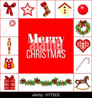 Weihnachtsgrußkarte mit verschiedenen Symbolen. Stock Vektor
