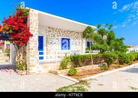 Typisches griechisches Haus verziert mit Blumen in Naoussa Stadt, Insel Paros, Griechenland Stockfoto