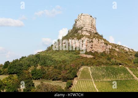 Felsen von Solutre mit Weinbergen, Burgund, Frankreich Stockfoto