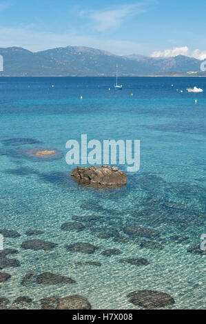 Die Bucht von Belvédère-Campomoro mit sandigen und felsigen Portigliolo Strand, Angeln, Boote und Genuese Turm, Korsika, Frankreich Stockfoto