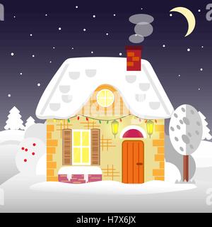Flache Winterhaus. Ferienhaus. Vektor-Illustration. Schneefall Hintergrund.  Design-Karte. Stock Vektor
