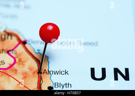 Alnwick, fixiert auf einer Karte von UK Stockfoto