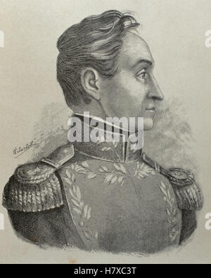 Simon Bolivar (1793-1830). Militärische und venezolanischer Staatsmann, genannt "Der Befreier". Porträt.  Gravur in "Americanos Celebres", 1888. von E. Vilardell. Stockfoto