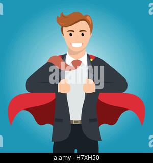 Geschäftsmann verwandelt sich in Superhelden mit roten Umhang Stock Vektor