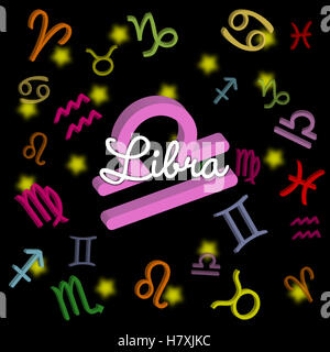 Libra-Sternzeichen mit astrologischen Symbolen auf schwarzem Hintergrund ideal für Astrologie-Liebhaber, Horoskop-Inhalte und Tierzeichen-Designs Stockfoto