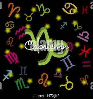 Steinbock-Sternzeichen mit astrologischen Symbolen auf schwarzem Hintergrund perfekt für Astrologie-Liebhaber, Horoskop-Messwerte und Tierkreisinhalte Stockfoto