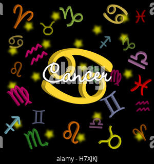 Krebs-Zodiac-Zeichen mit astrologischen Symbolen auf schwarzem Hintergrund ideal für Astrologie-Enthusiasten, Horoskope und zodiakbezogene Inhalte Stockfoto