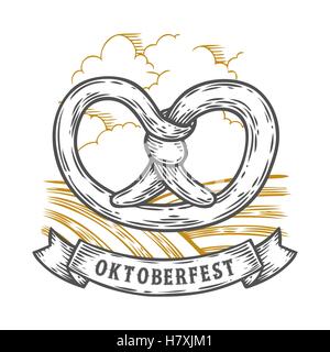 Oktoberfest Brezel. Glücklich Oktoberfest. Schwarze Vintage gravierte handgezeichneten Vektor-Illustration. Skizze aus Holz zylindrische enthalten Stock Vektor