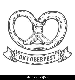 Oktoberfest Brezel. Glücklich Oktoberfest. Schwarze Vintage gravierte handgezeichneten Vektor-Illustration. Skizze aus Holz zylindrische enthalten Stock Vektor