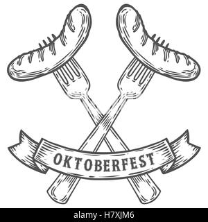 Oktoberfest-Wurst auf Gabel. Glücklich Oktoberfest. Schwarzes Fleisch essen Vintage gravierte handgezeichnete Vektor-Illustration. Schwarz, isoliert Stock Vektor