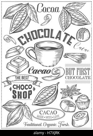 Kakao, Kakao, Schokolade Vektor-Set von Dessert Gewürze Logos, Etiketten, Abzeichen und Design-Elemente. Retro-Text. Vintage illustration Stock Vektor