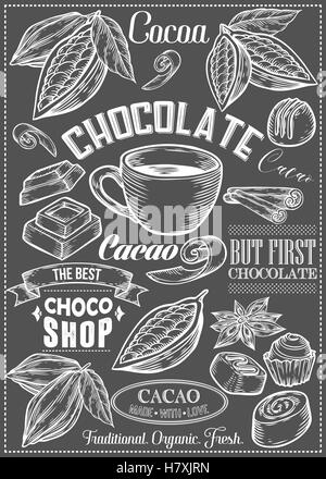 Kakao, Kakao, Schokolade Vektor-Set von Dessert Gewürze Logos, Etiketten, Abzeichen und Design-Elemente. Retro-Text. Vintage illustration Stock Vektor