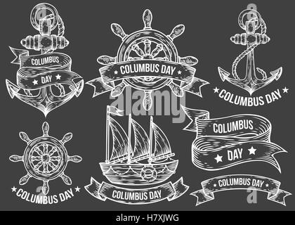 Glücklich Columbus Tag handgezeichnete Vektorzeichnungen graviert Satz. Retro Vintage nautische Kritzeleien, Ruder, Boot, Schiff, Anker, ribbo Stock Vektor