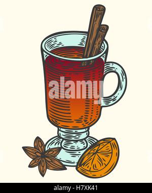 Glühwein Wein handgezeichnete Skizze Vektor-Illustration cocktail mit Orange und Anis. Retro Vintage Weihnachten Neujahr Getränk für erneuerbare Energieträger Stock Vektor