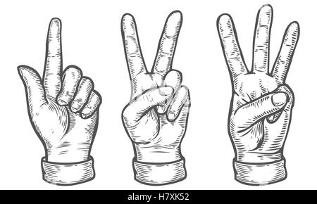 Handbewegung. Reihe von Gesten der Hände von eins bis drei zu zählen. Zeigenden Finger. Retro Vintage Skizze-Vektor-Illustration. Stock Vektor