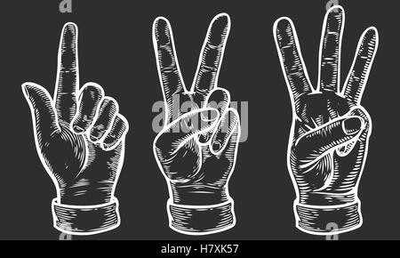 Handbewegung. Reihe von Gesten der Hände von eins bis drei zu zählen. Zeigenden Finger. Retro Vintage Skizze-Vektor-Illustration. Stock Vektor