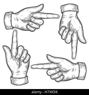 Handbewegung. Reihe von Gesten. Nach oben unten links rechts Finger. Retro Vintage Skizze-Vektor-Illustration. Gravur-Stil. BL Stock Vektor