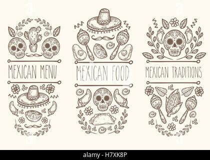 Mexikanische skizzieren Doodle Kollektion, Vektor-handgezeichnete Kennzeichnungselemente. Schädel, Zucker Schädel, Sombrero, Avocado, Chili, Kaktus, Kalk, Stock Vektor
