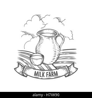 Bauernmarkt Milch-Bauernhof-Abzeichen. Monochrom Vintage gravierte Milchtopf, kann frische Bio Zeichen isoliert auf weißem Hintergrund Kanne. Stock Vektor