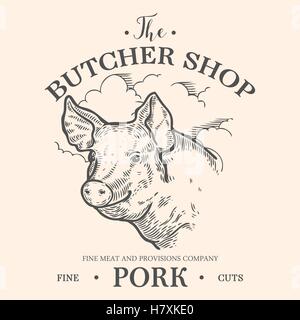 Schweinekopf, frisches Schweinefleisch Bio-Fleisch. Hand gezeichnete Skizze in einem Grafikstil. Vintage Vektor Illustration für Poster, Gravur Web. Stock Vektor