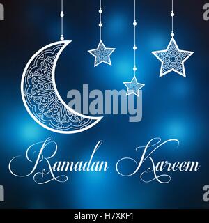 Ramadan Kareem Hintergrund mit ornamentalen Mond und Sternen. Grußkarte, verschwommen, Einladung zum muslimischen Fastenmonats auf. Stock Vektor