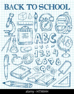 Zurück zu Doodle Schulset Hand gezeichnet. Schulematerial liefert für Kunst, lesen, schreiben, Wissenschaft, Geographie, Biologie, Physik, Matte Stock Vektor